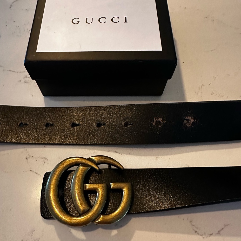 Gucci Black Leather Belt with Bronze Buckle